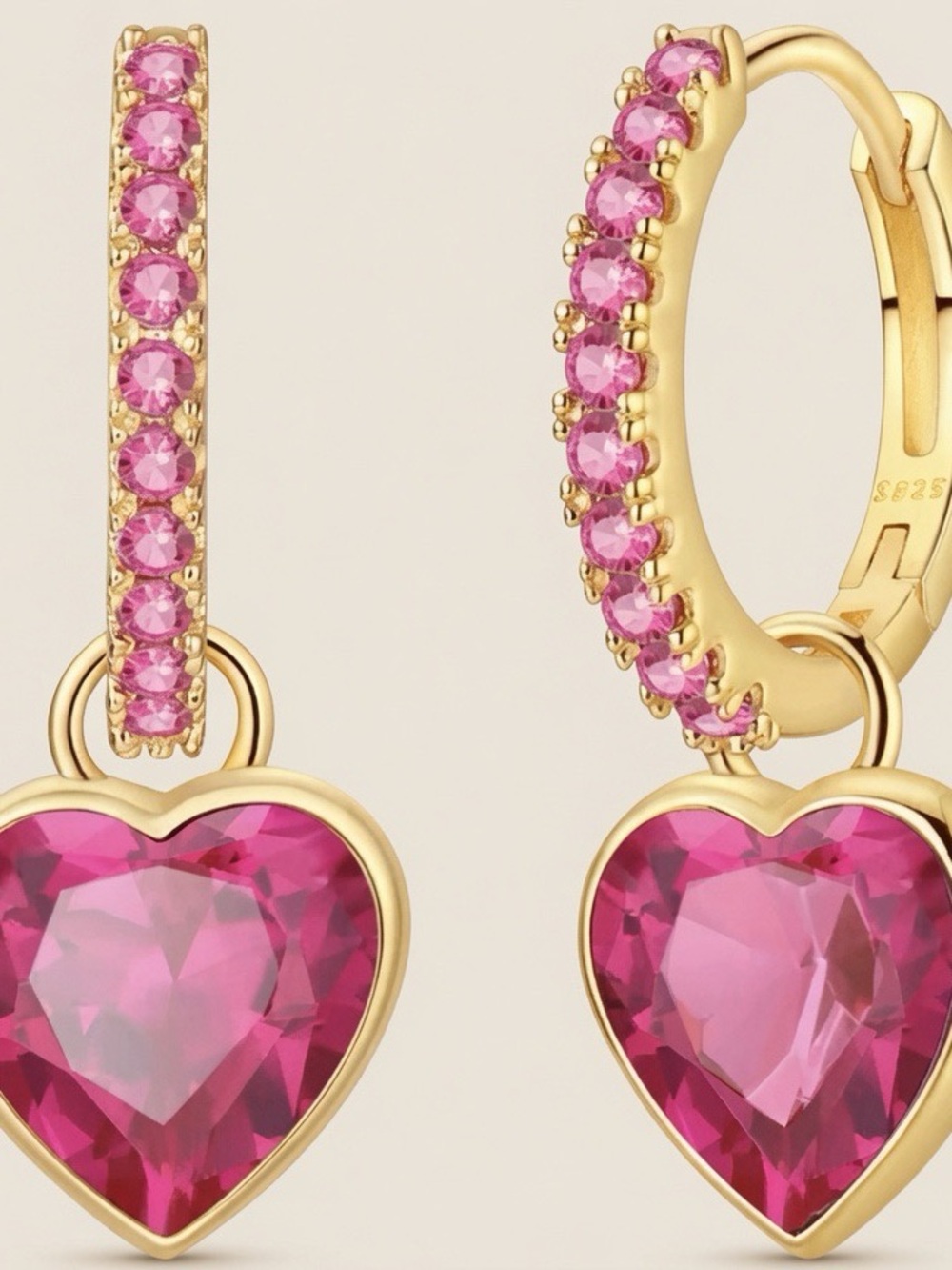 Sterling silver Heart Hoop Earrings with gold tones and pink heart